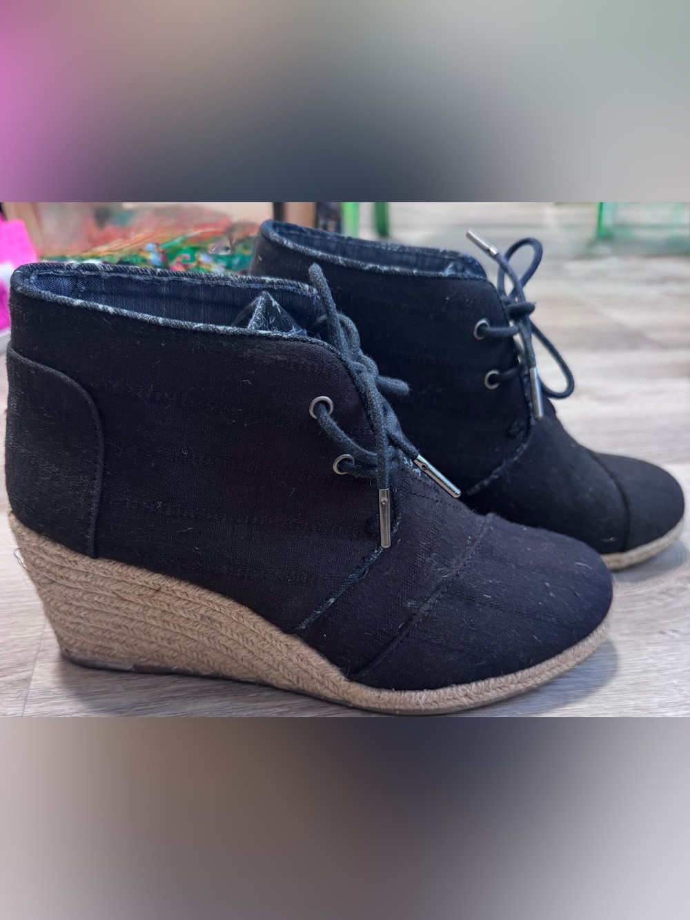 Toms Black Wedge Espadrille Lace-Up Shoes for Women size 7.5